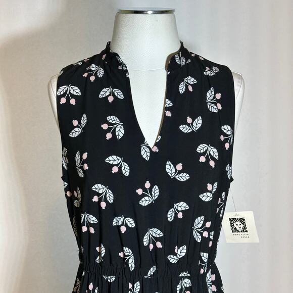 NWT Anne Klein Black Pink Floral Sleeveless Midi Dress Pockets Womens Size 10 - Picture 2 of 11